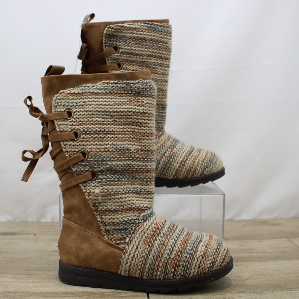 Muk Luks Women Mid-Calf Winter Boots Knit Lace Up‎ Back Brown Multi Size 7